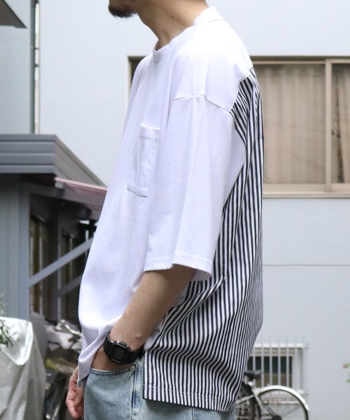 Starting Over(スターティングオーバー)の「striped shirt switching T-shirt/ストライプ 切り替え クルーネック半袖Tシャツ(Tシャツ/カットソー・メンズ・ブラック/ホワイト・M/L/XL)」の2枚目の写真