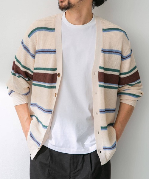 URBAN RESEARCH Sonny Label（アーバンリサーチサニーレーベル）の「マルチボーダーニットカーディガン（カーディガン/ボレロ・メンズ・ネイビー/イエロー/オフホワイト・MEDIUM/LARGE）」の2枚目の写真