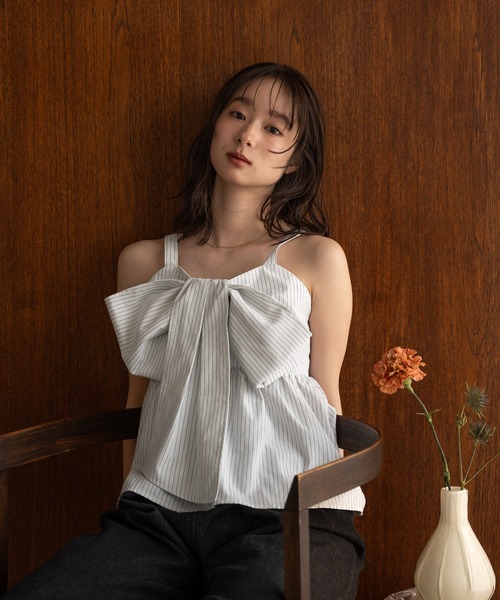 mideal（マイディール）の「stripe ribbon tops / ストライプリボントップス（キャミソール・レディース・オフホワイト/グレー・FREE）」の15枚目の写真