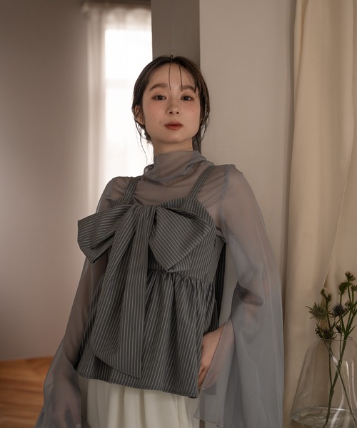 mideal（マイディール）の「stripe ribbon tops / ストライプリボントップス（キャミソール・レディース・オフホワイト/グレー・FREE）」の6枚目の写真