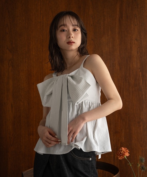 mideal（マイディール）の「stripe ribbon tops / ストライプリボントップス（キャミソール・レディース・オフホワイト/グレー・FREE）」の20枚目の写真