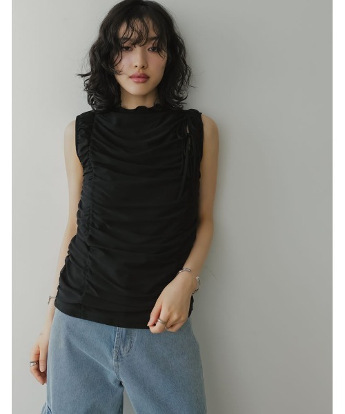 Re:EDIT（リエディ）の「[2024 SUMMER COLLECTION]サイドリボンギャザーチュールトップス（タンクトップ・レディース・ブラック/ホワイト/ブラウン・MEDIUM/LARGE）」の7枚目の写真