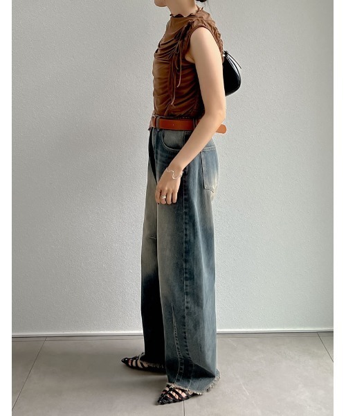Re:EDIT（リエディ）の「[2024 SUMMER COLLECTION]サイドリボンギャザーチュールトップス（タンクトップ・レディース・ブラック/ホワイト/ブラウン・MEDIUM/LARGE）」の17枚目の写真