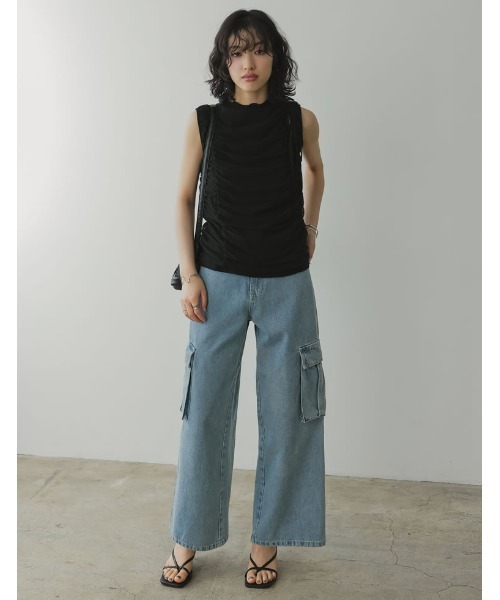 Re:EDIT（リエディ）の「[2024 SUMMER COLLECTION]サイドリボンギャザーチュールトップス（タンクトップ・レディース・ブラック/ホワイト/ブラウン・MEDIUM/LARGE）」の4枚目の写真