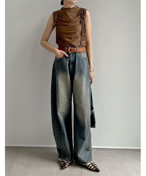 Re:EDIT（リエディ）の「[2024 SUMMER COLLECTION]サイドリボンギャザーチュールトップス（タンクトップ・レディース・ブラック/ホワイト/ブラウン・MEDIUM/LARGE）」の15枚目の写真