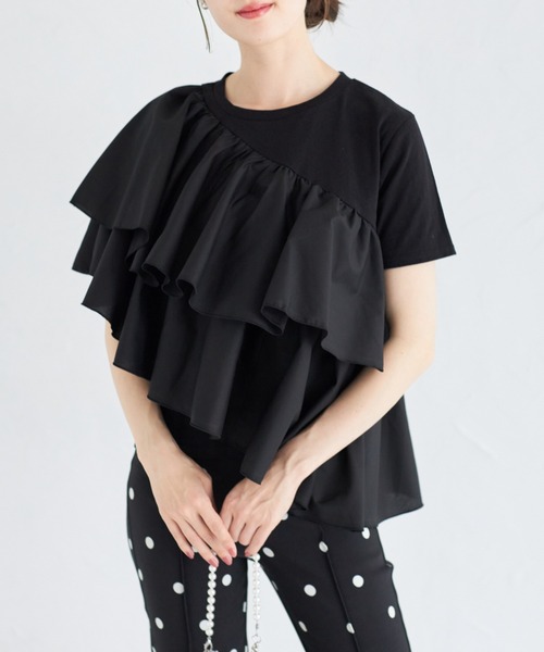 tocco closet(トッコ クローゼット)の「ブロードフリルアシメントリープルオーバー(Tシャツ/カットソー・レディース・ブラック/オフホワイト・M)」の9枚目の写真