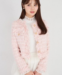 tocco closet（トッコ　クローゼット）の「ゴールド釦フリンジミックスツイードジャケット（ノーカラージャケット）」