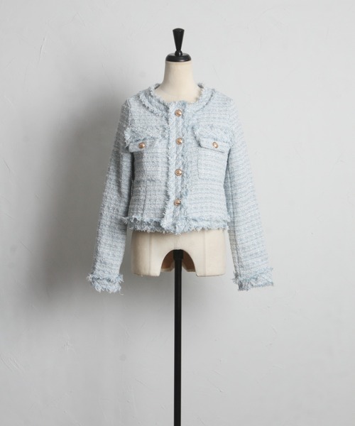 tocco closet（トッコ　クローゼット）の「ゴールド釦フリンジミックスツイードジャケット（ノーカラージャケット・レディース・ブラック/サックスブルー/アイボリー/ピンク・M）」の6枚目の写真