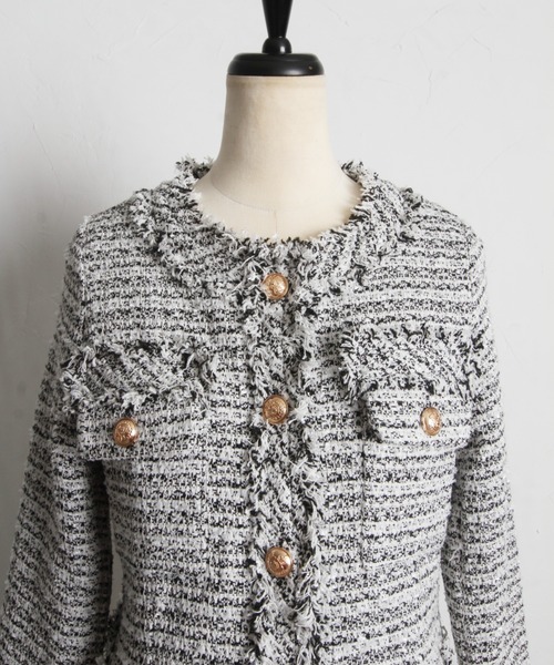 tocco closet（トッコ　クローゼット）の「ゴールド釦フリンジミックスツイードジャケット（ノーカラージャケット・レディース・ブラック/サックスブルー/アイボリー/ピンク・M）」の10枚目の写真