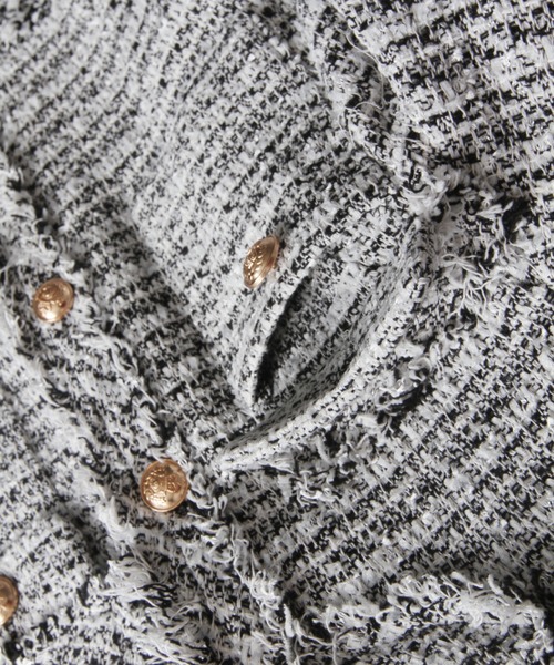 tocco closet（トッコ　クローゼット）の「ゴールド釦フリンジミックスツイードジャケット（ノーカラージャケット・レディース・ブラック/サックスブルー/アイボリー/ピンク・M）」の14枚目の写真