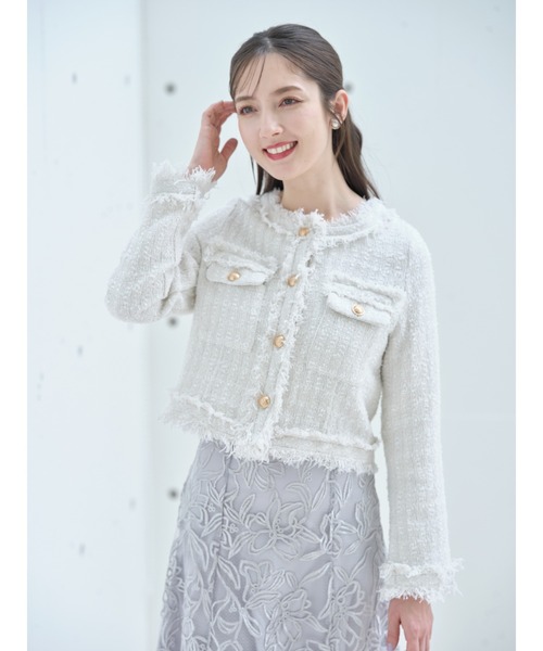 tocco closet(トッコ クローゼット)の「ゴールド釦フリンジミックスツイードジャケット(ノーカラージャケット・レディース・ブラック/サックスブルー/アイボリー/ピンク・M)」の17枚目の写真
