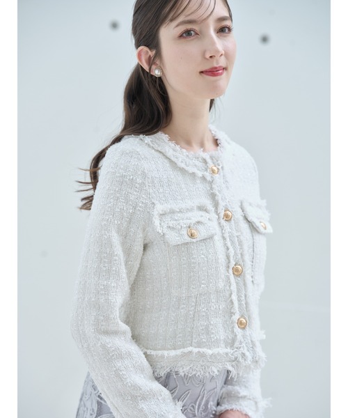 tocco closet(トッコ クローゼット)の「ゴールド釦フリンジミックスツイードジャケット(ノーカラージャケット・レディース・ブラック/サックスブルー/アイボリー/ピンク・M)」の18枚目の写真