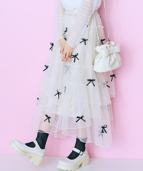 marun（マルン）の「＜大きいサイズ＞ リボンデザインチュールイレヘムスカート marun（スカート・レディース・アイボリー/ブラック・LL/3L/4L/5L/L）」の2枚目の写真