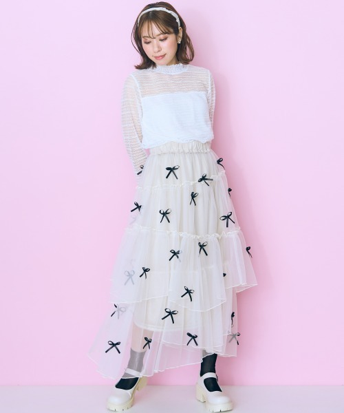 marun（マルン）の「＜大きいサイズ＞ リボンデザインチュールイレヘムスカート marun（スカート・レディース・アイボリー/ブラック・LL/3L/4L/5L/L）」の3枚目の写真