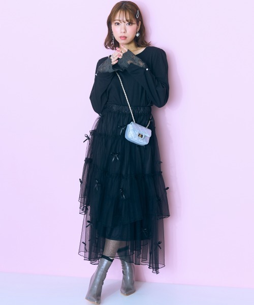 marun（マルン）の「＜大きいサイズ＞ リボンデザインチュールイレヘムスカート marun（スカート・レディース・アイボリー/ブラック・LL/3L/4L/5L/L）」の4枚目の写真