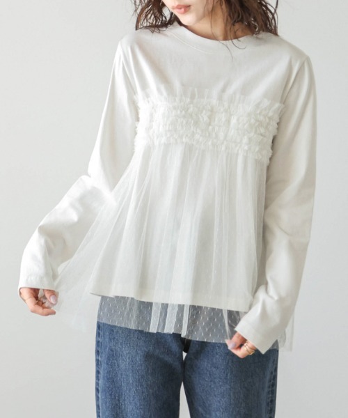SUGAR BISKET(シュガービスケット)の「ドットチュールドッキングトップス(Tシャツ/カットソー・レディース・ブラック/ホワイト・フリー)」の2枚目の写真