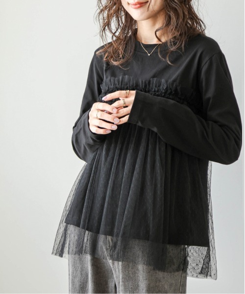 SUGAR BISKET(シュガービスケット)の「ドットチュールドッキングトップス(Tシャツ/カットソー・レディース・ブラック/ホワイト・フリー)」の1枚目の写真