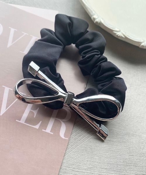 ハンドメイドシュシュM-3772♡ブラックジョーゼット♡リボン付