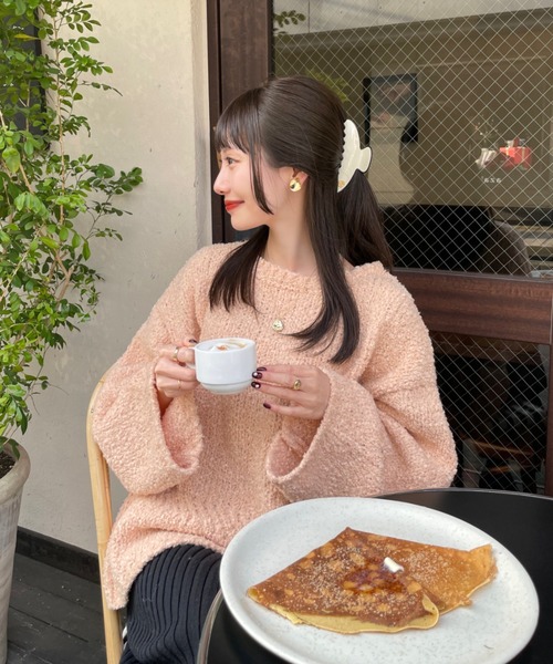 ピンク フリンジジレ ニットジレ 個性的 インポート フリーサイズ プリント シフォンコンビ ニット カーディガン Prima Scherrer 全4色