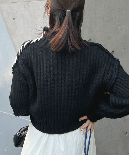 ABYS（アビス）の「切替配色がアクセントに。アシメ配色ステッチニットトップス（ニット/セーター・レディース・ブラック/ブルー/ライトグレー・FREE）」の6枚目の写真