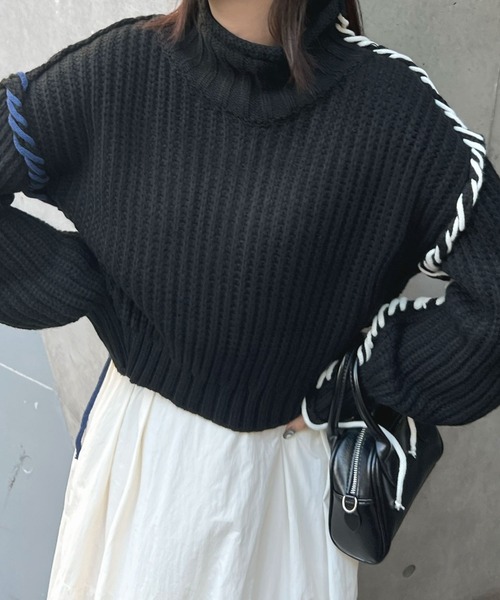 ABYS（アビス）の「切替配色がアクセントに。アシメ配色ステッチニットトップス（ニット/セーター・レディース・ブラック/ブルー/ライトグレー・FREE）」の7枚目の写真