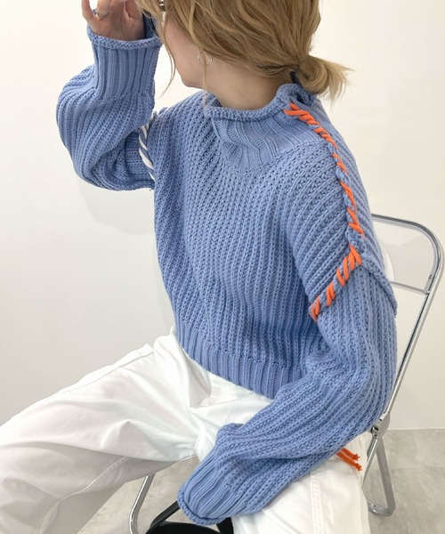 ABYS（アビス）の「切替配色がアクセントに。アシメ配色ステッチニットトップス（ニット/セーター・レディース・ブラック/ブルー/ライトグレー・FREE）」の14枚目の写真