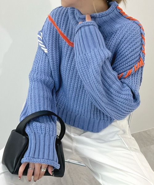 ABYS（アビス）の「切替配色がアクセントに。アシメ配色ステッチニットトップス（ニット/セーター・レディース・ブラック/ブルー/ライトグレー・FREE）」の16枚目の写真