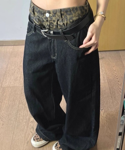 CANVAS+(キャンバスプラス)の「【CANVAS+】レオパード柄ダブルウエストデニムワイドパンツ(デニムパンツ・レディース・ブラック・S/M/L)」の6枚目の写真