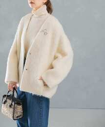 URBAN RESEARCH ROSSO WOMEN | モヘア混シャギーミドルジャケット(ノーカラージャケット)