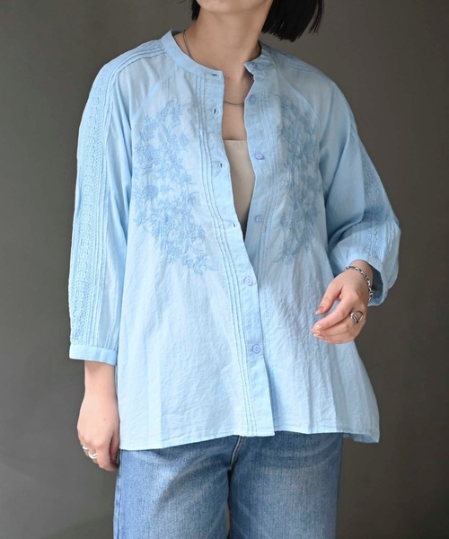 &HALF(アンドハーフ)の「フロント刺繍使いブラウス(インド綿.インドコットン.コットン100%,綿100%)(シャツ/ブラウス・レディース・ライトブルー/オフホワイト/ネイビー/ラベンダー/イエロー/グリーン・M/L)」の17枚目の写真