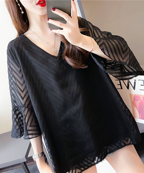 Asterellivi（アステレリビ）の「シアーVネックブラウス（シャツ/ブラウス・レディース・ホワイト/ブラック・L/M/XL）」の6枚目の写真