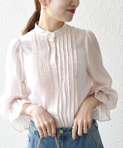 SHIPS any:〈手洗い可能〉シアー フリル バンドカラー シャツ ブラウス