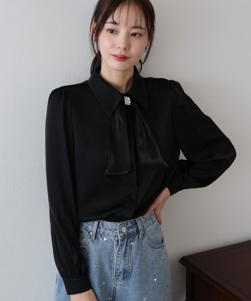 BLUEEAST（ブルーイースト）の「《5色展開》パールモチーフリボンブラウス（シャツ/ブラウス・レディース・ホワイト/ミント/ブラック/ベージュ/ピンク・MEDIUM）」の18枚目の写真