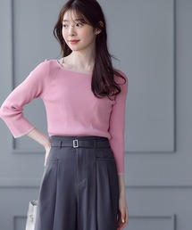 トゥエルブアジェンダ 12Twelve Agenda 配色ラインリブ7分袖ニットプルオーバー （ピンク） トゥエルブアジェンダ 12Twelve Agenda 配色ラインリブ7分袖