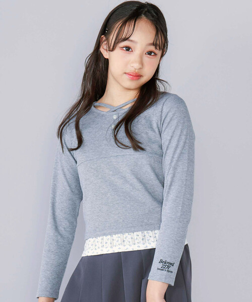 ZIDDY（ジディ）の「【 ニコ☆プチ 掲載 】クロスネック裾花柄Tシャツ(130~160cm)（Tシャツ/カットソー・キッズ・パープル/グレー・FREE/130cm/140cm/150cm）」の2枚目の写真