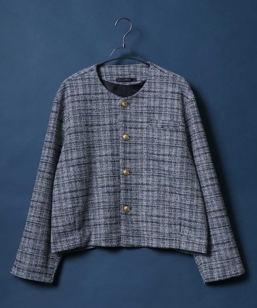 セール】Tweed Gold Button Collarless Short Jacket/ツイード