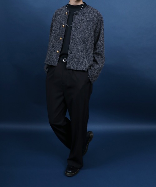 セール】Tweed Gold Button Collarless Short Jacket/ツイード