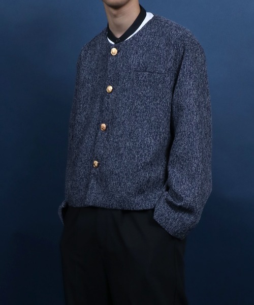 ANPAS ノーカラージャケット ツイード ネイビー 青 L 金ボタン 短丈 ANPAS ノーカラージャケット ツイード ネイビー 青 L 金ボタン