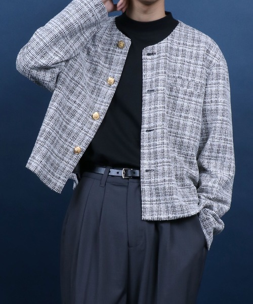 ANPAS（アンパス）の「Tweed Gold Button Collarless Short Jacket/ツイード ゴールドボタン ノーカラージャケット フォーマル ショート丈（ノーカラージャケット・メンズ・ブラック/ホワイト系その他/ブルー系その他/ネイビー・M/L）」の21枚目の写真