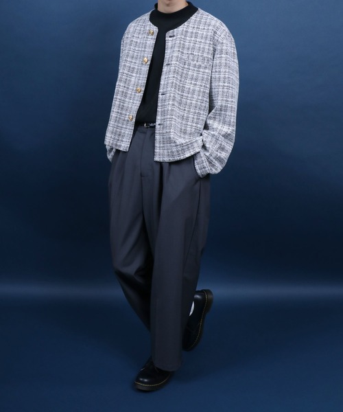 ANPAS（アンパス）の「Tweed Gold Button Collarless Short Jacket/ツイード ゴールドボタン ノーカラージャケット フォーマル ショート丈（ノーカラージャケット・メンズ・ブラック/ホワイト系その他/ブルー系その他/ネイビー・M/L）」の8枚目の写真
