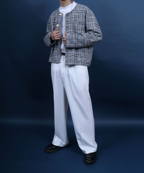 ANPAS（アンパス）の「Tweed Gold Button Collarless Short Jacket/ツイード ゴールドボタン ノーカラージャケット フォーマル ショート丈（ノーカラージャケット・メンズ・ブラック/ホワイト系その他/ブルー系その他/ネイビー・M/L）」の18枚目の写真