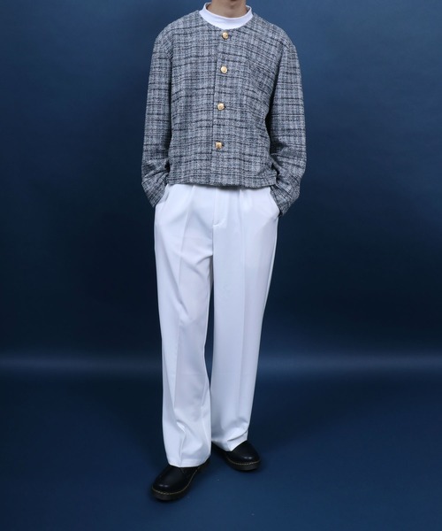 ANPAS（アンパス）の「Tweed Gold Button Collarless Short Jacket/ツイード ゴールドボタン ノーカラージャケット フォーマル ショート丈（ノーカラージャケット・メンズ・ブラック/ホワイト系その他/ブルー系その他/ネイビー・M/L）」の19枚目の写真