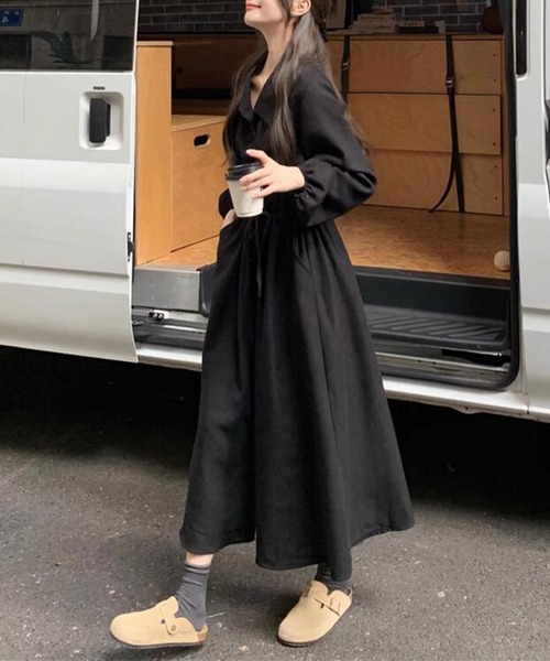 DAY CLOSET(デイ クローゼット)の「【シルエット調節可/袖口ゴム入り/程よく広がるAライン】長袖ウエストマークコーデュロイシャツワンピース レディース(ワンピース・レディース・ブラック/ライトベージュ・FREE)」の12枚目の写真