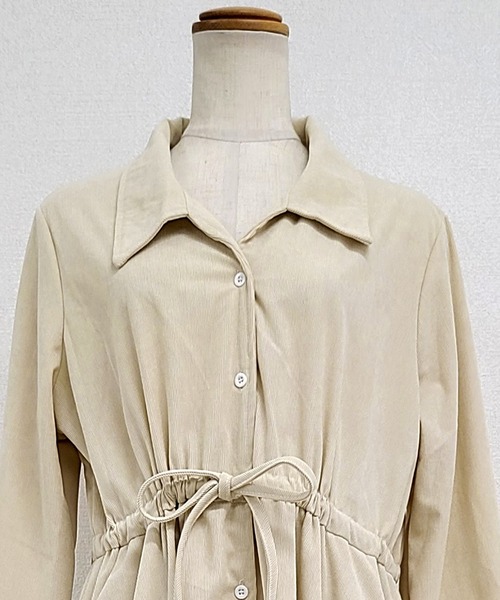 DAY CLOSET(デイ クローゼット)の「【シルエット調節可/袖口ゴム入り/程よく広がるAライン】長袖ウエストマークコーデュロイシャツワンピース レディース(ワンピース・レディース・ブラック/ライトベージュ・FREE)」の3枚目の写真