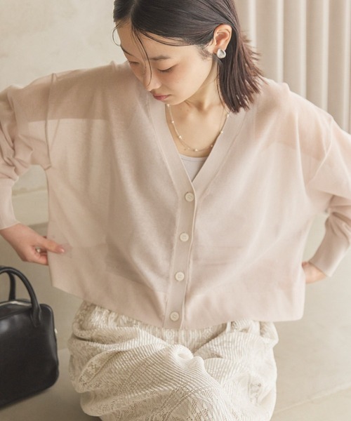 AMERI アメリ　シアーダブルジャケット　ベージュ　カーディガン　半袖 Ameri（アメリ）の「EMBELLISH BUTTON PAPA TW JACKET