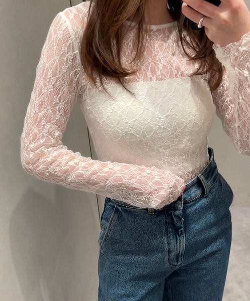 Reurie'（レウリィ）の「レースシアートップス／lace sheer top(ayaka select)長袖 きれいめ シンプル ベーシック モード 韓国（キャミソール・レディース・ホワイト・FREE）」の12枚目の写真