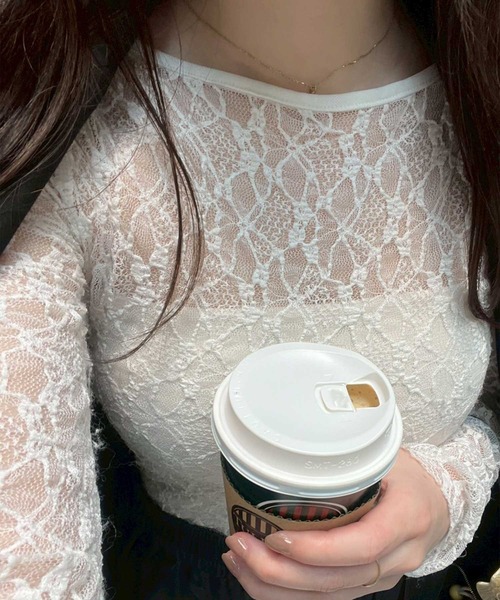 Reurie'（レウリィ）の「レースシアートップス／lace sheer top(ayaka select)長袖 きれいめ シンプル ベーシック モード 韓国（キャミソール・レディース・ホワイト・FREE）」の16枚目の写真