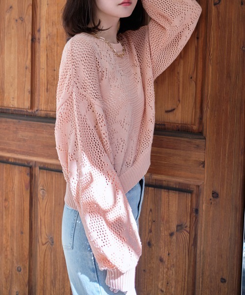 ワンダフルワールド 生成 豪華透かし編みニット　フラワーモチーフ　毛素材 RAGEBLUE（レイジブルー） ニット セーター フラワーモチーフ/透かし