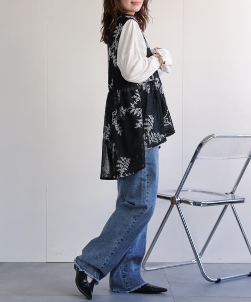 セール】【セットアップ対応】リーフ柄刺繍メッシュペプラム