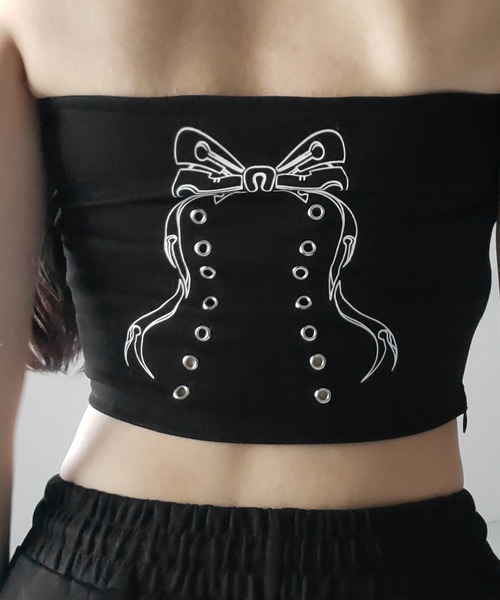 me+em select(ミームセレクト)の「【 2color 】クロスグランジロゴベアトップス / cross grunge logo bare tops(その他トップス・レディース・アイボリー/ブラック・FREE)」の19枚目の写真